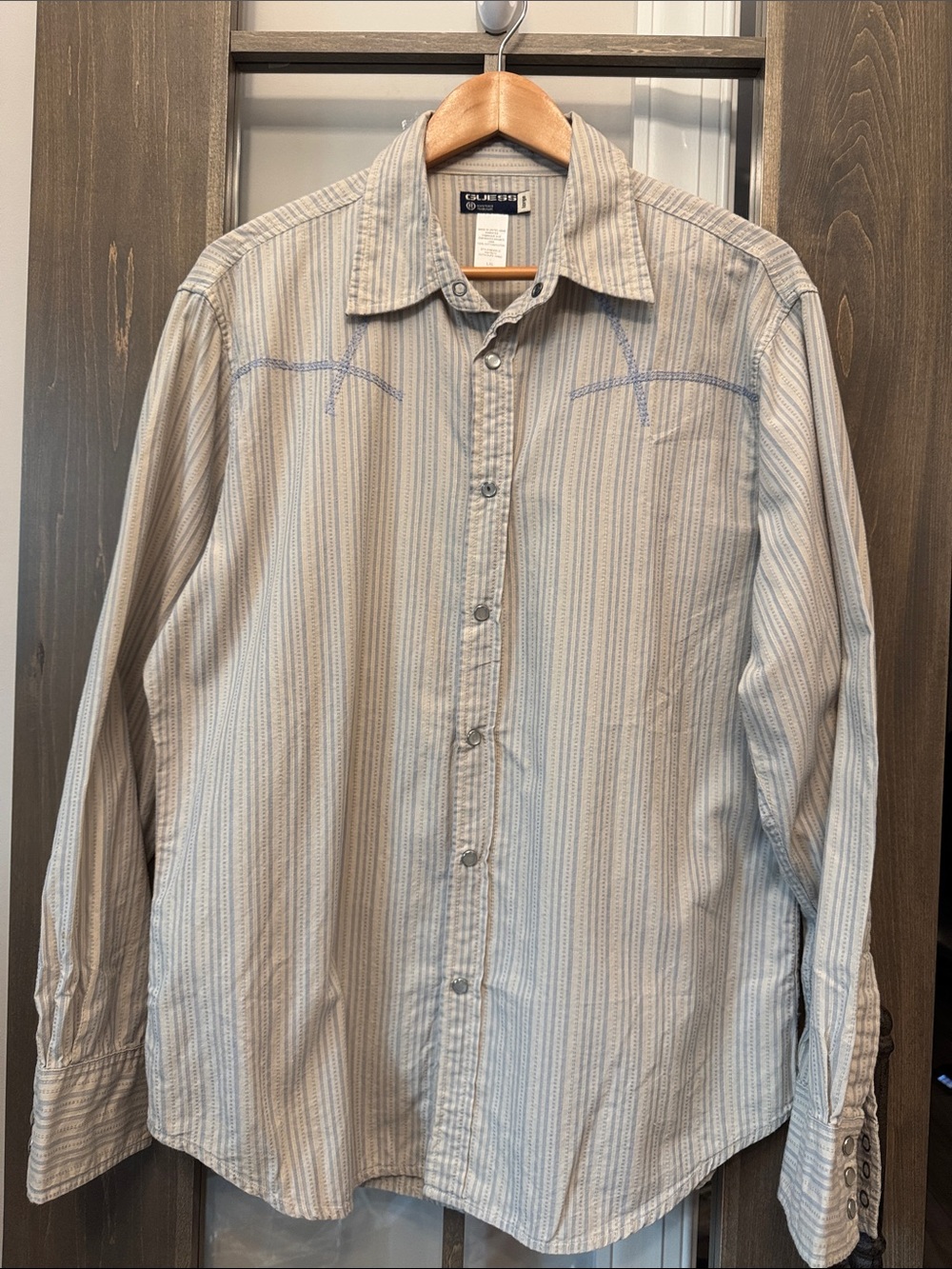 Guess Pearl Snap Button Shirt Cowboy Western Mens Large Ivory Long Sleeve
